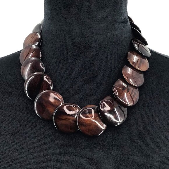 Beaded Necklace Simulated Wood Finish Round Disc Beads Adjustable Length Brown - Picture 1 of 3